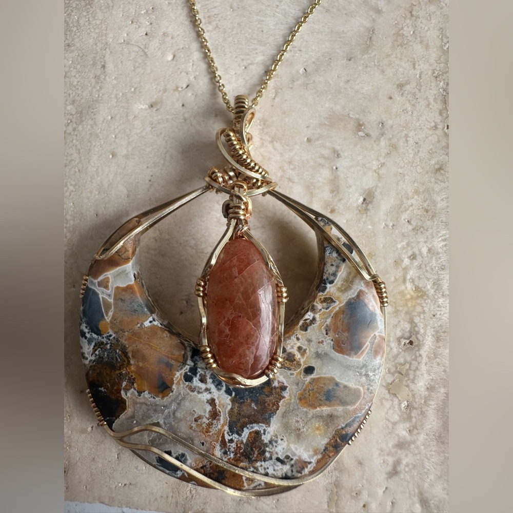 Gold Lunula Crescent Moon Sunstone and Maligano Jasper with a Golf Fill Chain